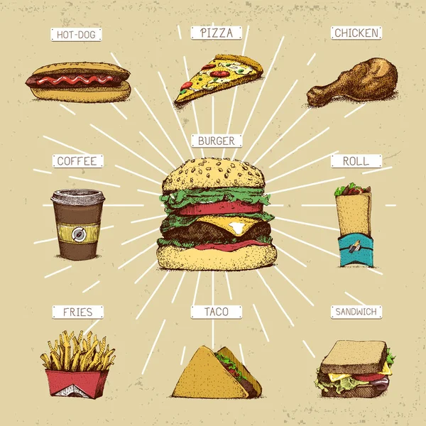 Kolekcja, gotowanie, fast food. Pizza i burger, pić i francuski frytki, kurczaka i kanapka, hamburger i kawa, hot dog i rolki. grawerowane ręcznie rysowane w stary styl szkic i vintage. — Wektor stockowy