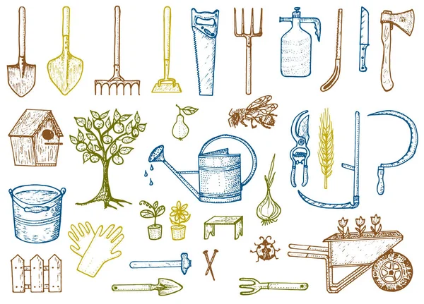 Set of gardening tools or items. hose reel, fork, spade, rake, hoe, trug, cart, lawnmower, elements collection. work equipment. shovel fence tree saw watering can ax. engraved hand drawn in old sketch — Stock Vector