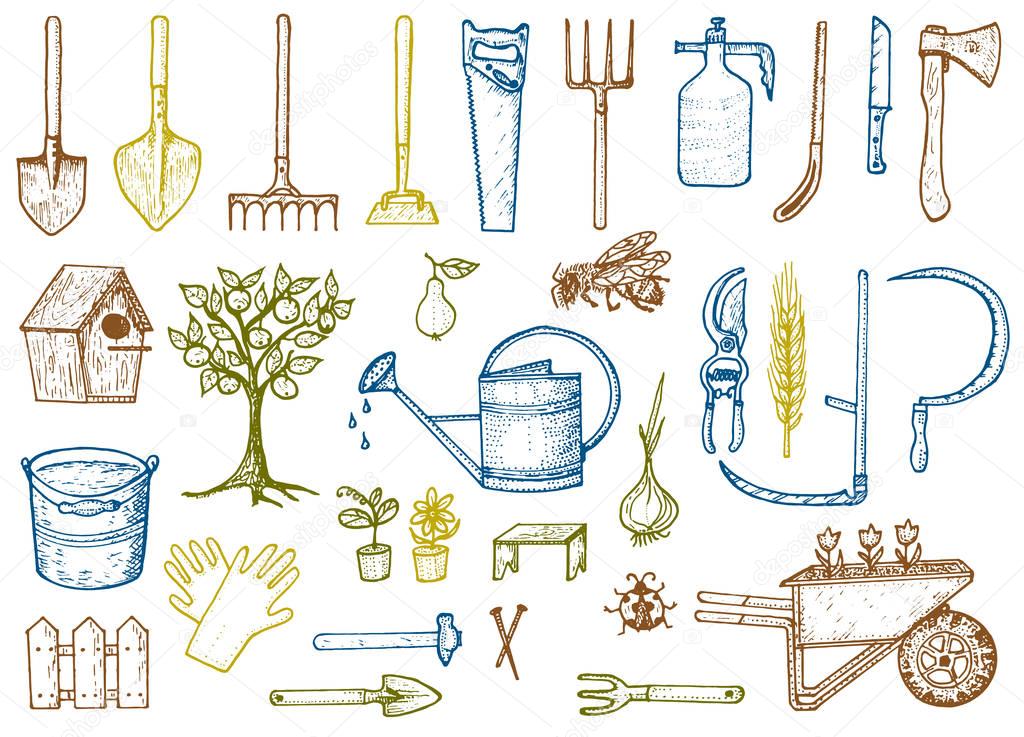 Set of gardening tools or items. hose reel, fork, spade, rake, hoe, trug, cart, lawnmower, elements collection. work equipment. shovel fence tree saw watering can ax. engraved hand drawn in old sketch