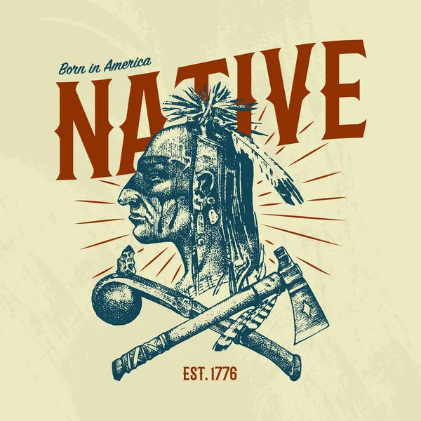 T-shirt des traditions indiennes autochtones. National American Dreamcatcher. Couteau et Ax, outils et instruments. gravé à la main dessiné dans un vieux croquis boho. homme avec des plumes. symbole ethnique pour l'impression, l'étiquette, l'emblème — Image vectorielle