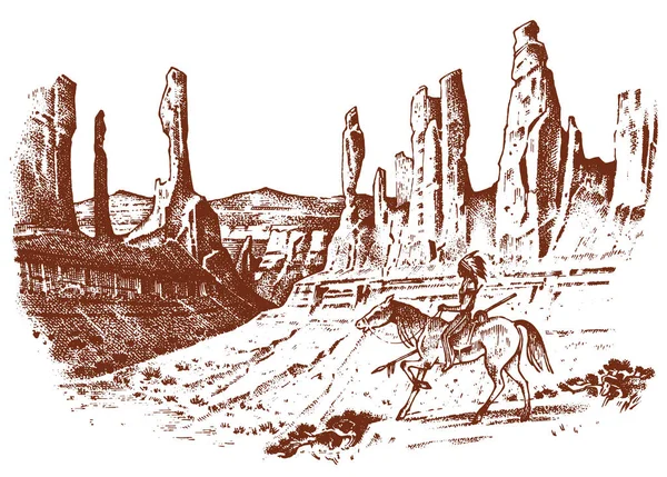 National American Indian cal de echitatie cu sulita în mână. Peisaj cu munți și vârfuri. Omul tradiţional. Mână gravată desenată în schiță veche. deșert, Utah, Monument Valley . — Vector de stoc