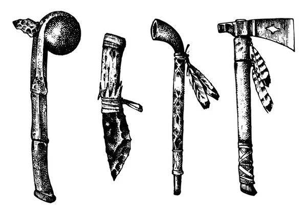 Nationale Amerikaanse en Indiase tradities. Foelie en ceremoniële pijp, mes en Ax, chanunpa of hulpmiddelen en instrumenten. gegraveerde hand getrokken in oude schets. — Stockvector