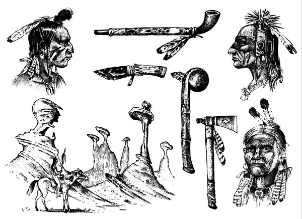 Traditions indiennes établies. paysage avec des montagnes. National American. Masse, plumes et Ax, chanunpa ou outils. gravé à la main dessiné dans un vieux croquis. occultisme, religion, spiritualité, chamanisme . — Image vectorielle