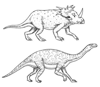 Dinozor Triceratops, Barosaurus, Apatosaurus, Tenontosaurus Plateosaurus, geniş kertenkele, Massospondylus, Diplodocus, Brachiosaurus, iskeletler, fosiller. Prehistorik sürüngenler, hayvan el çizilmiş vektör