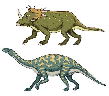 Dinozor Triceratops, Barosaurus, Apatosaurus, Tenontosaurus Plateosaurus, geniş kertenkele, Massospondylus, Diplodocus, Brachiosaurus, iskeletler, fosiller. Prehistorik sürüngenler, hayvan el çizilmiş vektör