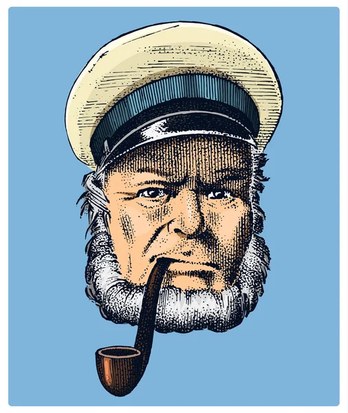 Capitán de mar, marinero viejo marino con pipa o jaqueta azul, marinero con barba o marinero de hombres. viaje en barco o barco. mano grabada dibujada en viejo boceto boho . — Vector de stock