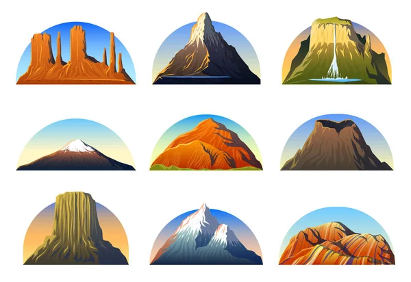 Mountains Peaks, landscape early in a daylight, big set. monument valley, matterhorn, roraima, fuji or vesuvius, devils tower, everest or rainbow. travel or camping, climbing. Outdoor hill tops — Stock Vector