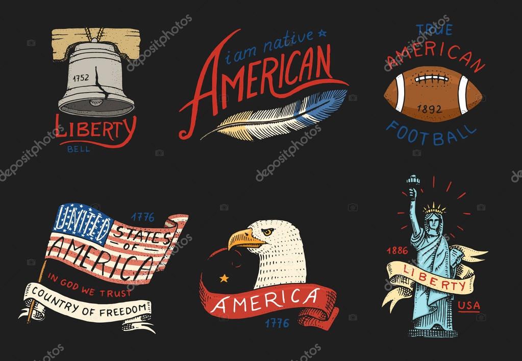 Native american set. old, labels or badges for camping, hiking, hunting. statue and bell of freedom or Liberty, flag, eagle and ball with red skinned indian. engraved hand drawn in old sketch