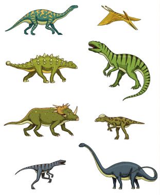 Dinozorlar ayarla, triceratops, barosaurus, tyrannosaurus rex, stegosaurus, pachycephalosaurus, diplodocus, deinonychus, velociraptor, iskeletler, fosiller. Prehistorik sürüngenler, hayvan el çizilmiş vektör.