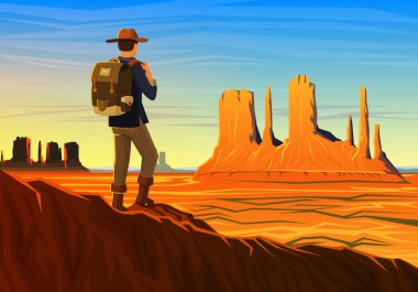 Dağ ve Monument Valley turist, sabah panoramik, manzara erken gün ışığında. kamp, tırmanma, vektör çizim seyahat. Web sitesi veya afiş. Açık tepe üstleri, AVI Mesa, Arizona