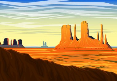 Dağ ve Monument Valley, sabah panoramik, tepeler, peyzaj erken gün ışığında. seyahat veya kamp, tırmanma, Web sitesi veya afiş için illüstrasyon vektör. Açık tepe üstleri, AVI Mesa, Arizona