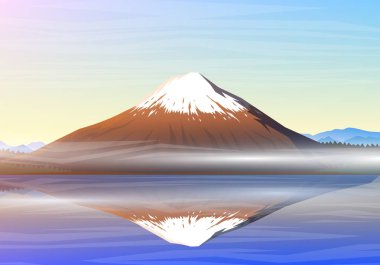 Dağ Fuji, yansıma sabah panoramik manzaralı göl kawaguchiko, tepeler, manzara erken bir gün ışığında. seyahat veya kamp, tırmanma, vector. Açık tepe üstleri, Japonya.