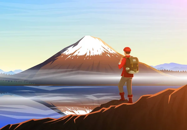 Βουνό Φούτζι με τουριστικά, πανοραμική θέα το πρωί με αντανάκλαση στο λίμνη kawaguchiko, κορυφές, τοπίο νωρίς στο φως της ημέρας. ταξιδεύουν ή κατασκήνωση, αναρρίχηση, διάνυσμα. Εξωτερική λόφο κορυφές, Ιαπωνία. — Διανυσματικό Αρχείο