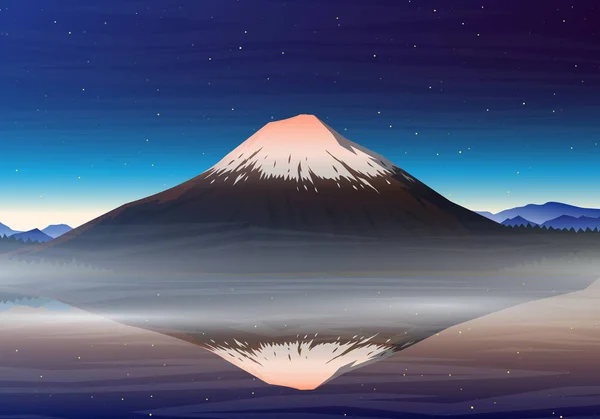 Βουνό Φούτζι, πανοραμική θέα νύχτα με αντανάκλαση στο λίμνη kawaguchiko, κορυφές, τοπίο νωρίς στο φως της ημέρας. ταξιδεύουν ή κατασκήνωση, αναρρίχηση, διάνυσμα. Εξωτερική λόφο κορυφές, Ιαπωνία. — Διανυσματικό Αρχείο