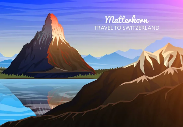 Matterhorn da montanha, vista panorâmica da noite dos picos com cachoeira, paisagem cedo em uma luz do dia. viajar ou acampar, escalar. cumes ao ar livre, Zermatt, Suíça, região de Valais . —  Vetores de Stock