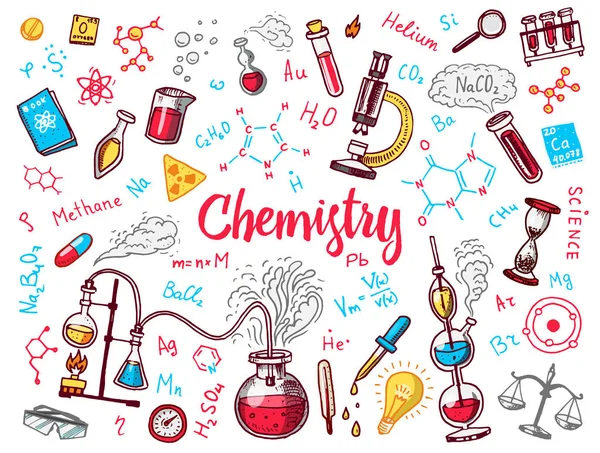 Chemie der eingesetzten Symbole. Tafel mit Elementen, Formeln, Atomen, Reagenzgläsern und Laborgeräten. Laborarbeitsplätze und Reaktionsforschung. Wissenschaft, Bildung, Medizin. von Hand gezeichnet. — Stockvektor