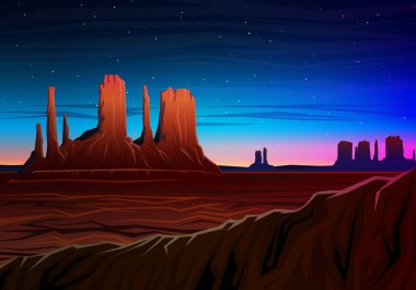 Dağ ve Monument Valley, gece panoramik, tepeler, peyzaj erken gün ışığında. seyahat veya kamp, tırmanma, Web sitesi veya afiş için illüstrasyon vektör. Açık tepe üstleri, AVI Mesa, Arizona