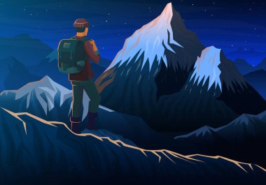 Dağ herhangi bir zamanda turist, gece panoramik manzaralı tepeler, manzara başlarında bir gün ışığı ile. seyahat veya kamp, tırmanma. Açık tepe üstleri Milli Parkı, Khumbu Vadisi, Nepal.