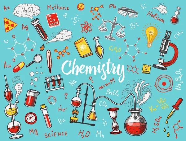 Chemie der eingesetzten Symbole. Tafel mit Elementen, Formeln, Atomen, Reagenzgläsern und Laborgeräten. Laborarbeitsplätze und Reaktionsforschung. Wissenschaft, Bildung, Medizin. von Hand gezeichnet. — Stockvektor