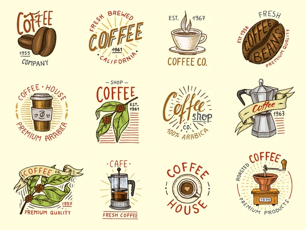 Kahve logolar kümesi. Modern vintage öğeler Dükkanı menü için. Vektör çizim. rozetleri için tasarım dekorasyon koleksiyonu. Hat sanatı tarzı çerçeveleri, etiketleri için. oyulmuş elle çizilmiş eski kroki.