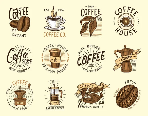 Conjunto de logos de café. elementos vintage modernos para el menú de la tienda. Ilustración vectorial. colección de decoración de diseño para insignias. estilo de caligrafía para marcos, etiquetas. mano grabada dibujada en boceto viejo . — Vector de stock