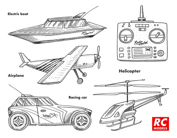 Rc 転送、リモート コントロール モデル。エンブレムのおもちゃデザイン要素です。ボートや船、車や機械。復活はラジオ チューナー放送システムです。革新的な技術。刻まれた手描き. — ストックベクタ