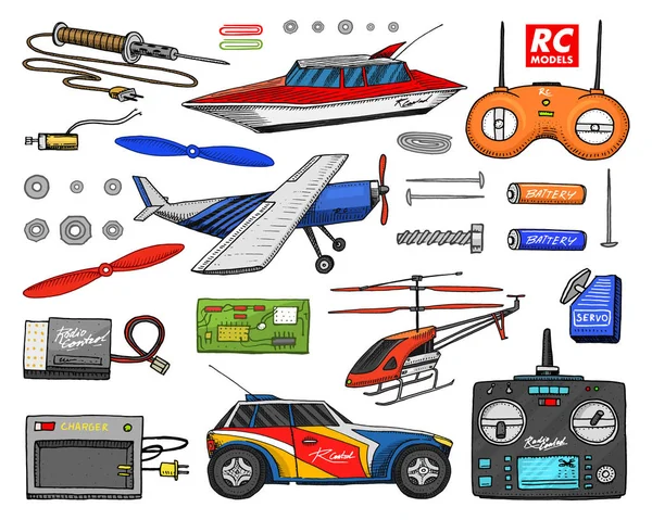 Transportu RC, modele Pilot zdalnego sterowania. zabawki lub instrumentów. Ustaw szczegóły. urządzenia, sprzęt, narzędzia, serwis i naprawy technicznej. łódź lub statek, technologie. radia systemu. grawerowane ręcznie rysowane. — Wektor stockowy