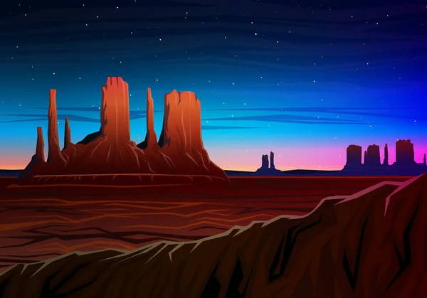 Montaña y Monumento Valle, Vista panorámica nocturna, picos, paisaje temprano en la luz del día. viajes o camping, escalada, ilustración vectorial para sitio web o banner. Tapas de colinas al aire libre, Hunts Mesa, Arizona — Vector de stock