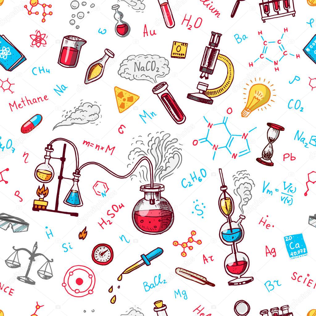 Chemistry seamless pattern. Chalkboard with elements, formulas, atom, test-tube and laboratory equipment. laboratory workspace and reactions research. science, education, medical. engraved hand drawn.