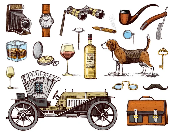 Gentleman accessories hand drawn set. Victorian era. binoculars and camera, briefcase, cufflinks, pouch, ring, sunglasses, fountain pen, wrist watch, retro car, cigars, shaving brush, dog beagle. — Stock Vector