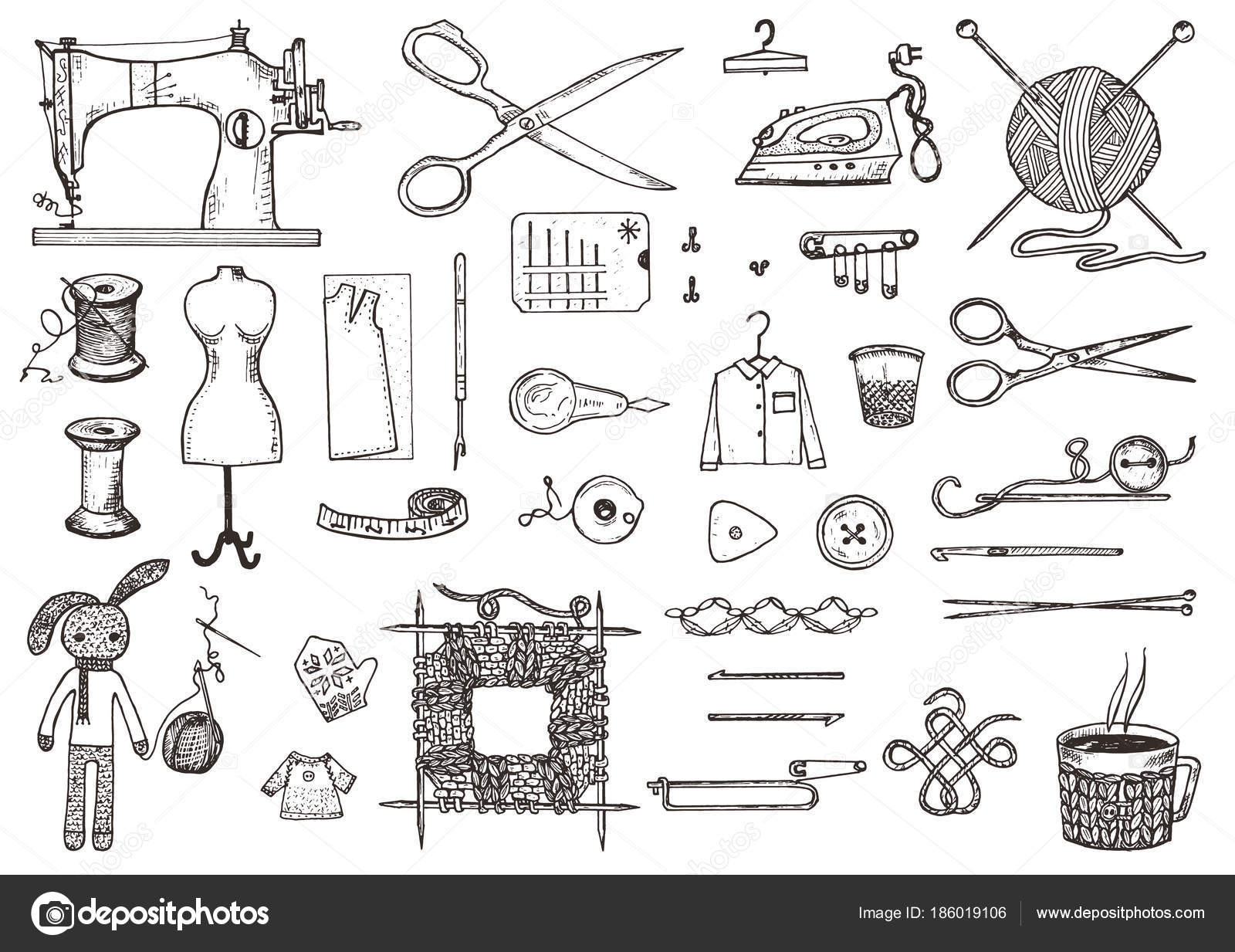 Set Of Sewing Accessories Drawings Stock Illustration - Download