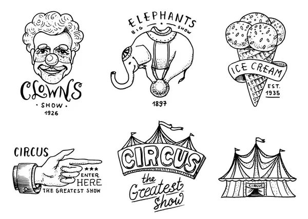 嘉年华马戏团徽章横幅或海报与动物。小丑和大象, 冰淇淋和焦点, 魔术在帐篷里。节日与演员。刻徽手画。娱乐、剧场和天棚. — 图库矢量图片