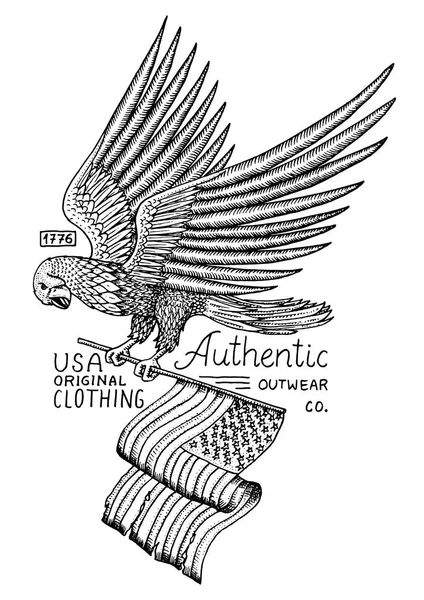 Nativa americana águia. pássaro selvagem. antiga etiqueta e crachá. mão gravada desenhada em esboço antigo. Símbolo dos EUA, bandeira do patriota . — Vetor de Stock