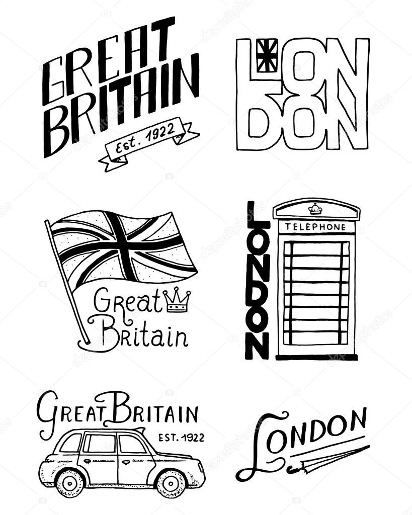 British logo, symbols, badges or stamps, emblems, architectural landmarks, flag of the United Kingdom. Country England label. Phone Booth, London and the gentlemen. Engraved, hand drawn vintage style