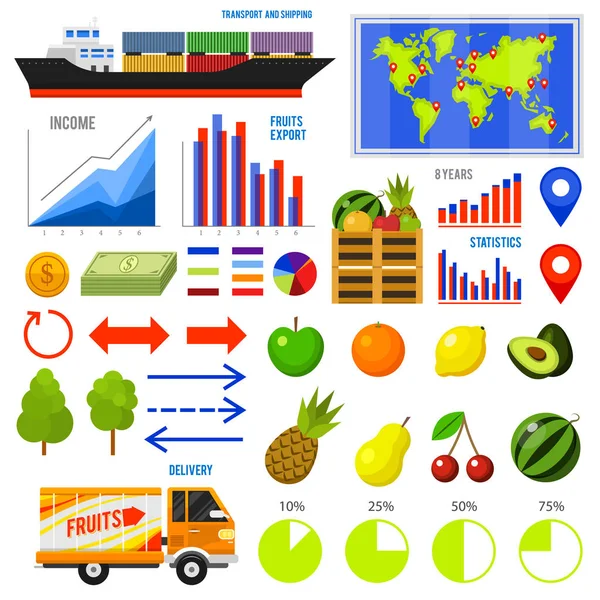 건강 한 채식 음식과 과일 infographics 비타민 내보내기 가져오기, 차트 및 아이콘, 다이어트 개념, 비즈니스 정보, 교통 서비스. 지도, 위치 정보, 선박, 화물, 컨테이너, 다이어그램 — 스톡 벡터