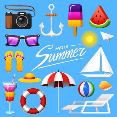 Yaz - kamera ve çapa, dondurma ve karpuz, güneş gözlüğü ve milkshake, hayat yüzük ve şezlong, yat yelken ve şemsiye, hat web için etiket seti ayarlayın. Beach tatil veya rekreasyon.