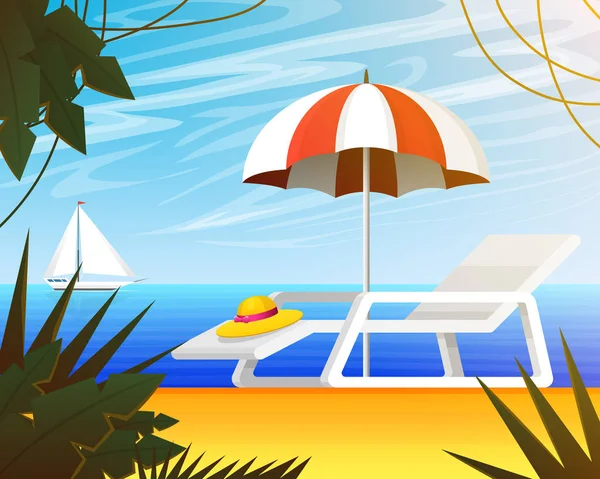 Bannière web d'été, fond de voyage. Paysage tropical avec palmier, parasol et transat, voile de yacht, océan. Vacances, week-end de vacances. Gros plan sur le sable marin. Illustration vectorielle . — Image vectorielle