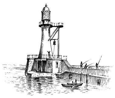 Deniz feneri ve deniz. Deniz kroki, deniz yolculuğu ve deniz manzarası. Okyanusta aydınlatma. oyulmuş vintage, elle Atlantik deprem dalgası çizilmiş. Gezinti gemiler ve yatlar için.