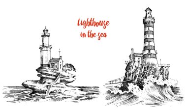 Deniz feneri ve deniz. Deniz kroki, deniz yolculuğu ve deniz manzarası. Okyanusta aydınlatma. oyulmuş vintage, elle Atlantik deprem dalgası çizilmiş. Gezinti gemiler ve yatlar için.