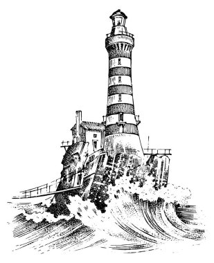Deniz feneri ve deniz. Deniz kroki, deniz yolculuğu ve deniz manzarası. Okyanusta aydınlatma. oyulmuş vintage, elle Atlantik deprem dalgası çizilmiş. Gezinti gemiler ve yatlar için.