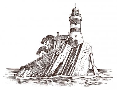 Deniz feneri ve deniz. Deniz kroki, deniz yolculuğu ve deniz manzarası. Okyanusta aydınlatma. oyulmuş vintage, elle Atlantik deprem dalgası çizilmiş. Gezinti gemiler ve yatlar için.