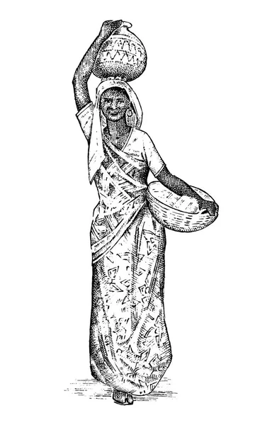 Femme hindoue travaillant en Inde. Dame portant un bassin sur sa tête. gravé à la main, style vintage. Les différences font obstacle à ce que les gens ethniques portent des vêtements traditionnels. Illustration vectorielle. Costumes religieux . — Image vectorielle