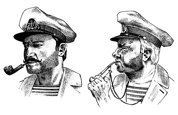 Boatswain with pipe. sea captain, marine old sailor or bluejacket, whistle and seaman with beard or men seafarer. travel by ship or boat. engraved hand drawn in old boho sketch. — Stock Vector