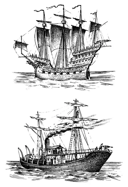 Barca a vela in mare, avventura estiva, vacanza attiva. Nave marittima, nave marittima o caravella nautica. Trasporto d'acqua nell'oceano per marinaio e capitano. Disegnato a mano in stile vintage. — Vettoriale Stock