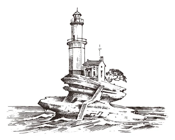 Faro y mar. Bosquejo marino, viaje náutico y paisaje marino. Iluminación en el océano. grabado vintage, dibujado a mano, ola atlántica. Navegación para barcos y yates . — Archivo Imágenes Vectoriales