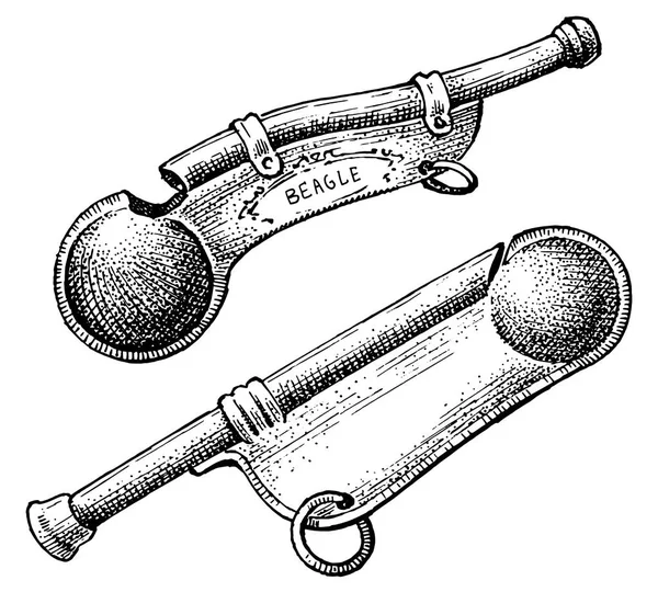 Klassieke marine signaal, bootsman fluitje of bootsman. Nautische pipe of Marine trompet. Zeereis op een zeeschip. Symbool van de Oceaan. gegraveerde hand getrokken in vintage stijl. — Stockvector