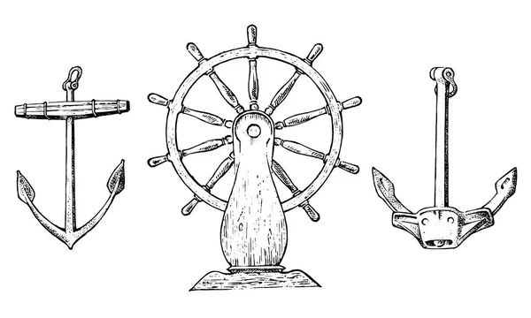 ボートのホイールとシーアンカーです。海洋のスケッチは、海の航海の旅。刻まれたビンテージ、手描き、大西洋津波。船やヨット用モーション コントロール装置. — ストックベクタ