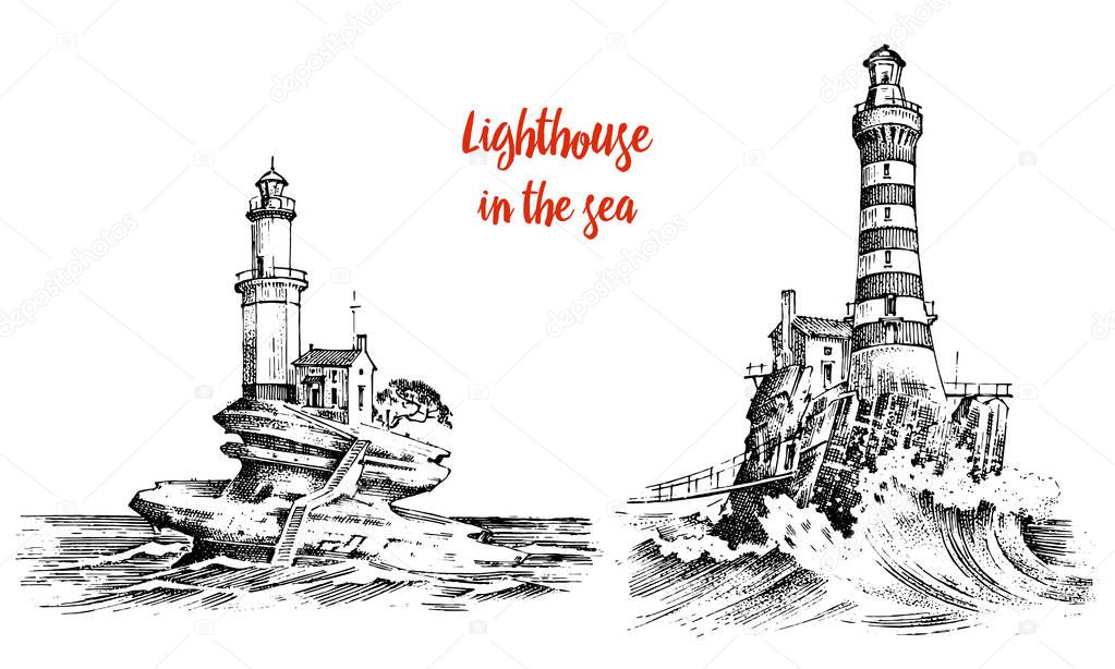 Lighthouse and sea. Marine sketch, nautical journey and seascape. Lighting in the ocean. engraved vintage, hand drawn, atlantic tidal wave. Navigation for ships and yachts.
