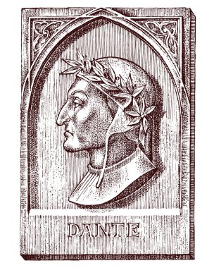 Dante Alighieri. Mimarlık, tasarım dövme ya da t-shirt tasarımı için bina için öğe. Bilim, psikoloji sembolü. Deha ve evrenin yaratıcısı. oyulmuş kroki elle Vintage tarzı çizilmiş.