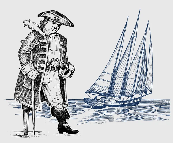 Pirata o capitán hombre en el barco que viaja a través de los océanos y mares. Aventura marina de un marinero. gancho y velero. boceto grabado a mano dibujado en estilo vintage. diseño para tatuaje o impresión en camiseta — Vector de stock